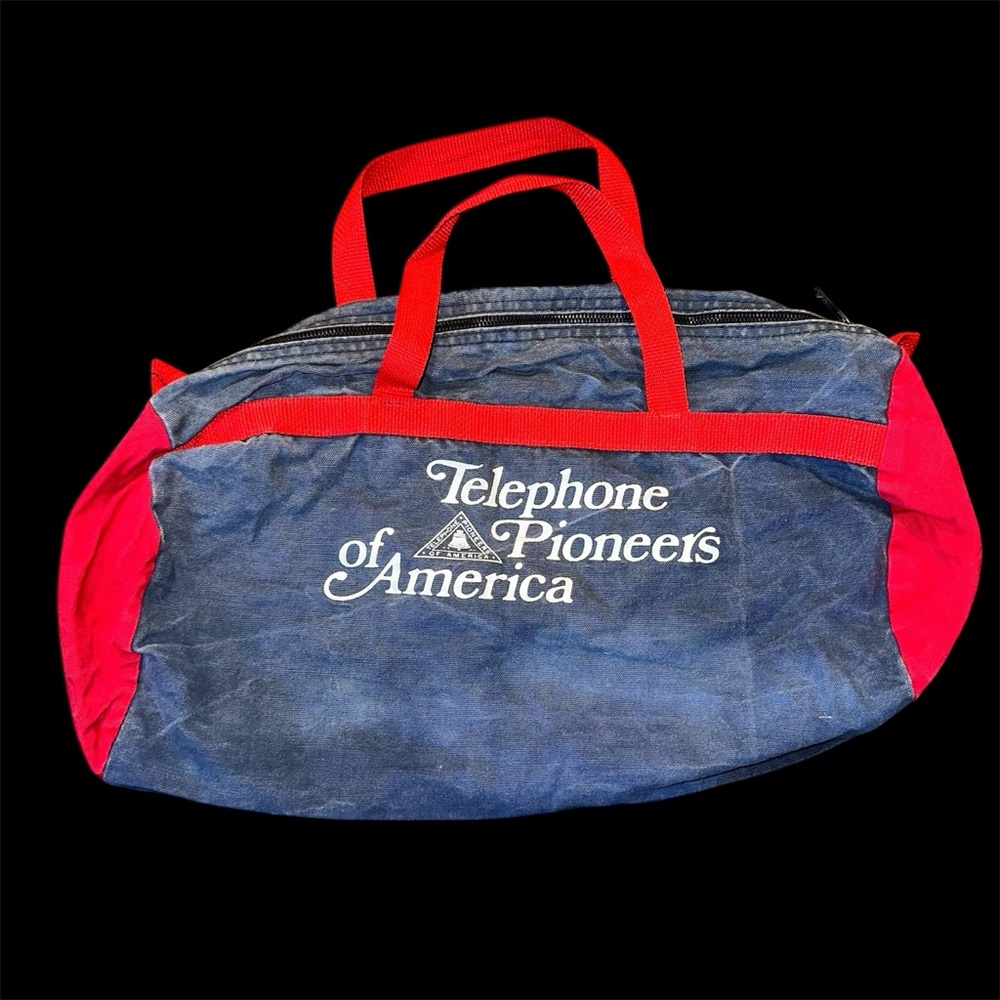 Vintage 80s Telephone Pioneers of America chambray blue and red duffel bag
